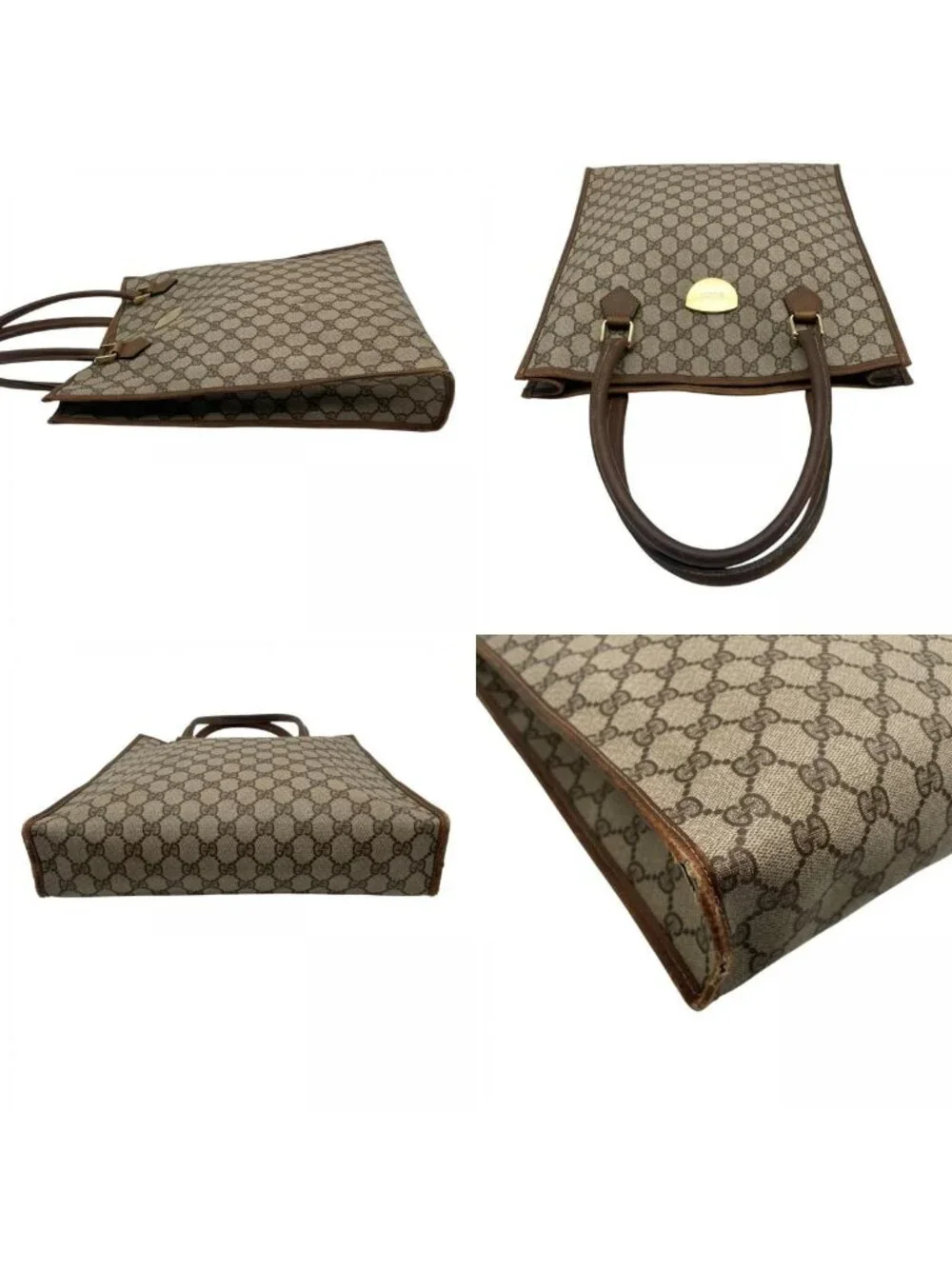 Gucci Tote Handle Vintage GG Plus Leather Gray Brown Gold Simple Business Daily